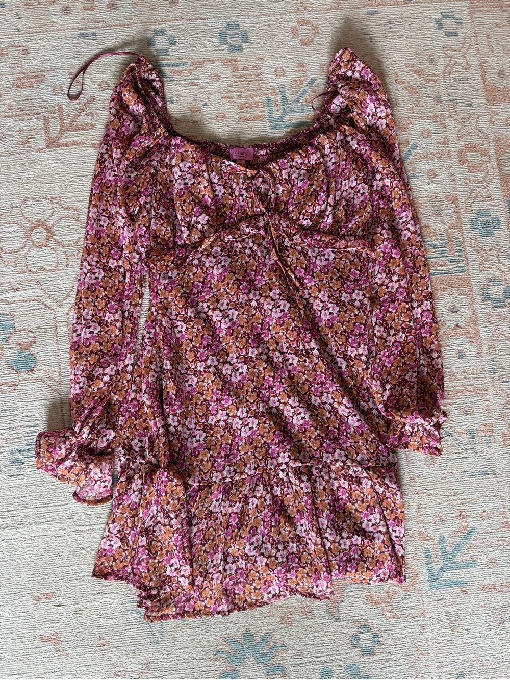 Francesca's Collections Pink and Brown Floral Long-Sleeve Mini Dress